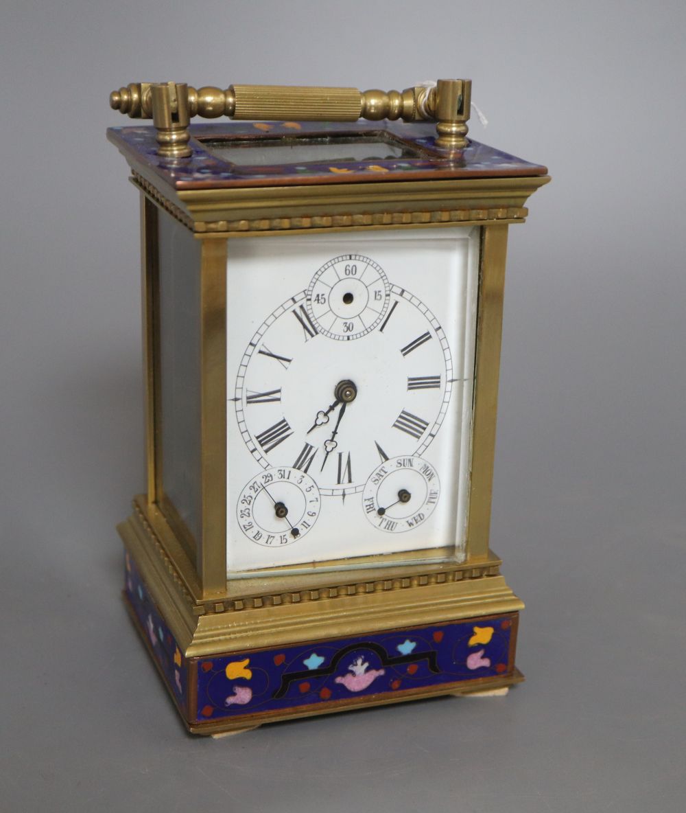 A Chinese cloisonne and brass calendar carriage clock, height 17.5cm